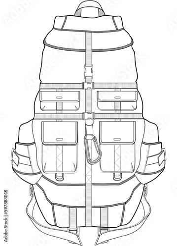 mountain bag traveling adventure trekking backpack flat sketch vector illustration technical cad drawing template