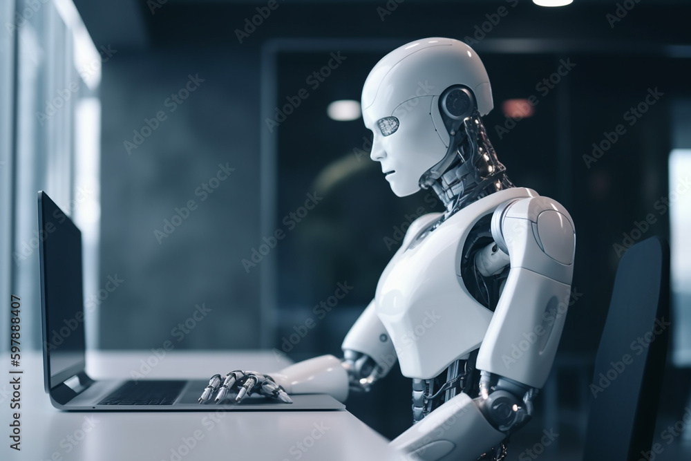 Futuristic robot working with computer. Generative AI Futuristic robot working with computer. Generative AI