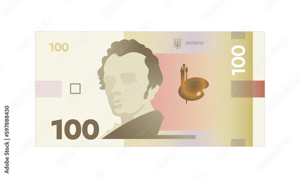 Ukrainian hryvnia vector illustration. Ukrainian 100 UAH banknote isolated on a white background. Currency, paper money of Ukraine. Taras Shevchenko - obrazy, fototapety, plakaty 