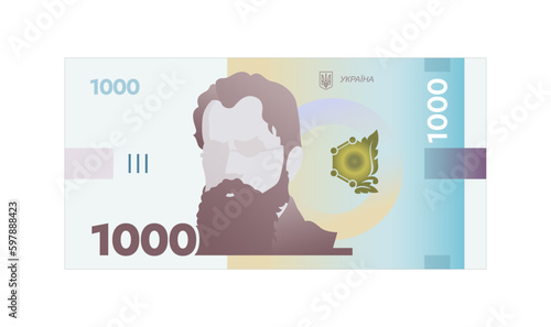 Ukrainian hryvnia vector illustration. Ukrainian 1000 UAH banknote isolated on a white background. Currency, paper money of Ukraine. Volodymyr Vernadsky