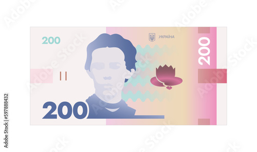 Ukrainian hryvnia vector illustration. Ukrainian 200 UAH banknote isolated on a white background. Currency, paper money of Ukraine. Lesya Ukrainka photo