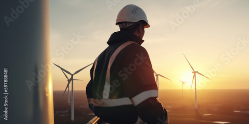 illustration with wind turbines at sunset. Engineer man stands with his back. Green energy concept, generativ ai