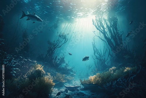 Sea deep or ocean underwater with coral reef as