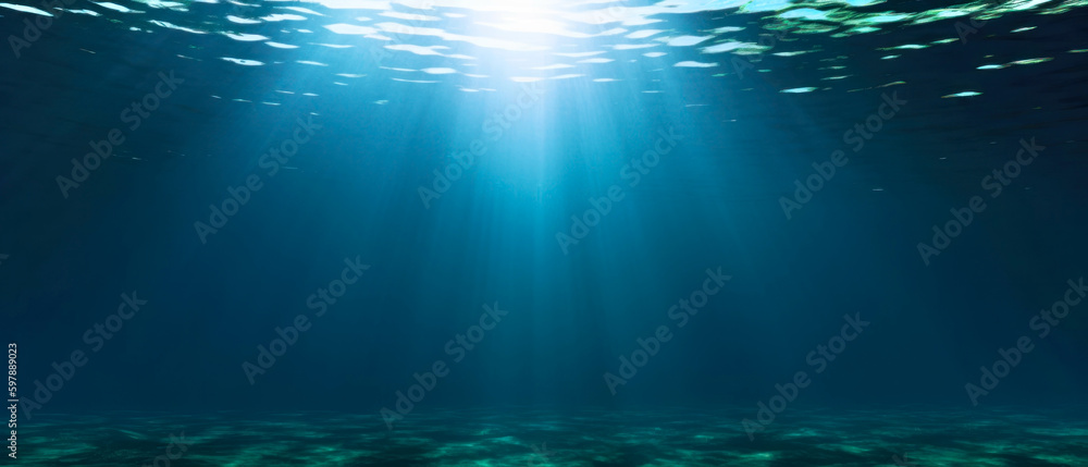 Underwater scene with sunrays light protruding from above the water surface. 21:9 aspect ratio. Generative AI