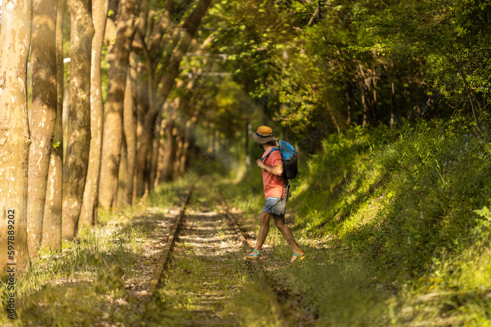 Obraz premium Backpacker man, walking along train tracks, observing Portugal's lush green forest in summertime. Wearing hat, pink t-shirt and short with sandals. Sunbeams.