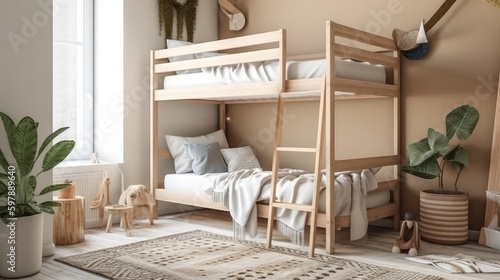 Cute childrens bunk in a bedroom. Generative AI photo