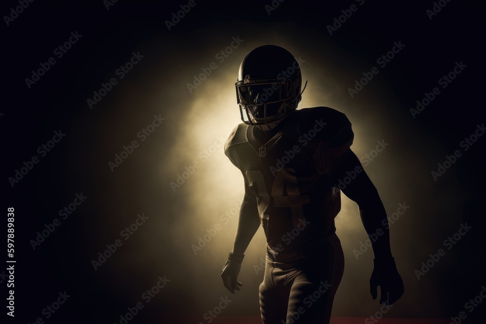 American Football player silhouette on black background with smoke. NFL. Generative AI.