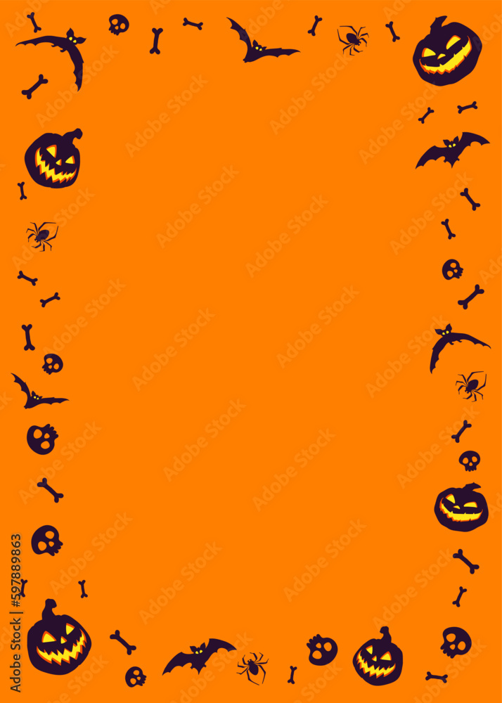 Halloween night frame with bats and Jack O' Lanterns. Vector poster