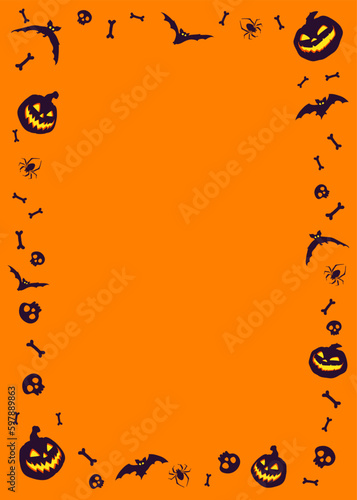 Halloween night frame with bats and Jack O' Lanterns. Vector poster