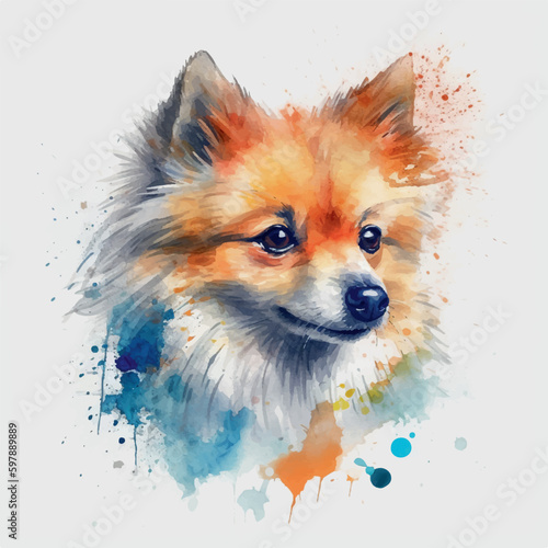 spitz pomeranian dog watercolor painting white background