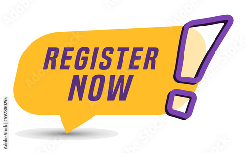 Colorful vector flat design banner register now. This sign is well adapted for web design.