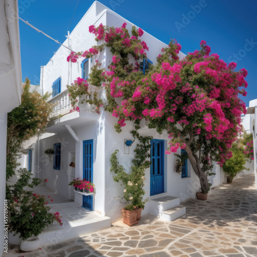 traditional greek house with lots of flowers. Generative AI