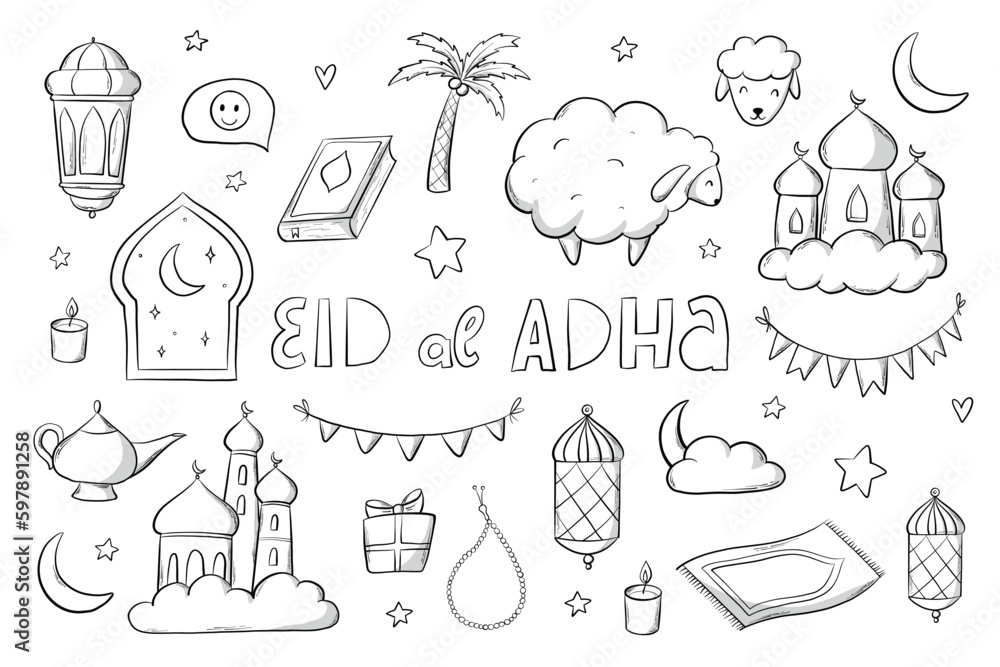 set of islamic holiday doodles Eid al Adha. Monochrome set of cartoon