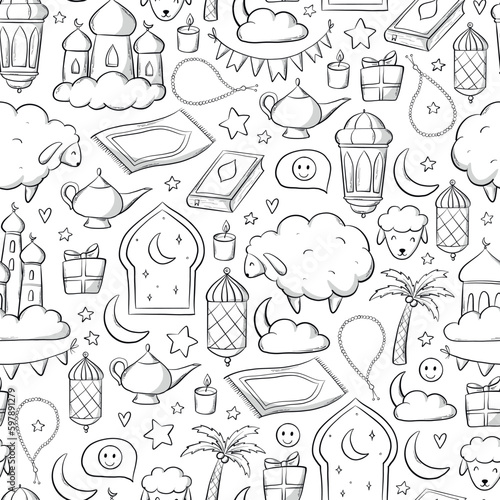 Islamic holiday Eid al Adha seamless pattern with monochrome doodles for wrapping paper, textile prints, scrapbooking, packaging, kids coloring pages, etc. EPS 10