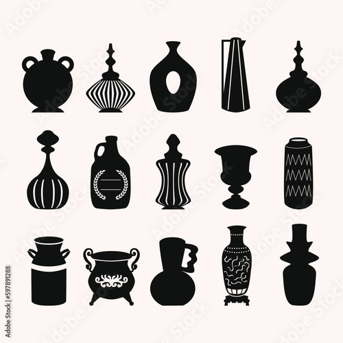 Black assorted simple silhouette and detail trendy vases, containers, bowls, pots and jars abstract icons design elements set on light beige background