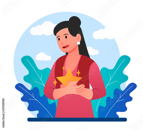 Discovering self concept. Psychology, mental health and awareness. Woman hugging star, metaphor for self love and acceptance. Girl revealing talents and skills. Cartoon flat vector illustration