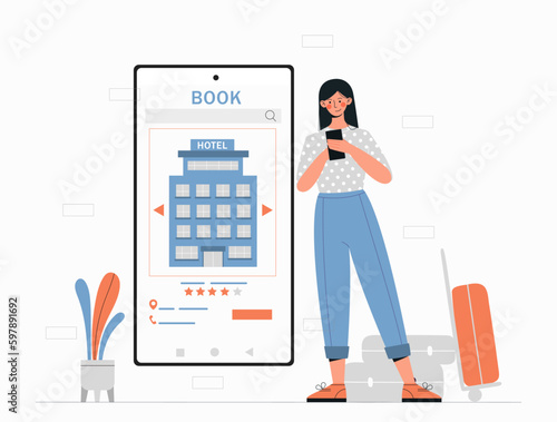 Hotel reservation concept. Woman with smartphone booking room. Travel and tourism, vacation and leisure. Online transactions and electronic payments. Cartoon flat vector illustration
