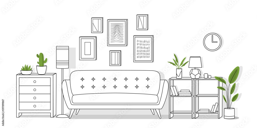 Living room line. Modern interior and furniture. Plants on bedside table next to sofa. Minimalistic creativity and art. Pictures and clocks on wall. Cartoon flat vector illustration - obrazy, fototapety, plakaty 