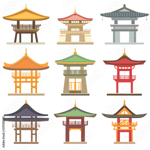 Japanese shrine set vector illustration isolated on white
