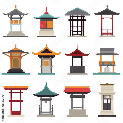 Japanese shrine set vector illustration isolated on white