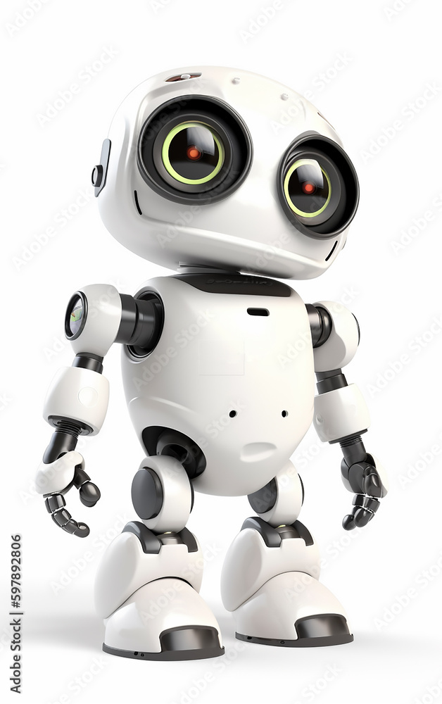 Charming white robot with curious eyes, perfect for tech-themed educational content and storytelling. Charming white robot with curious eyes, perfect for tech-themed educational content and storytelling.