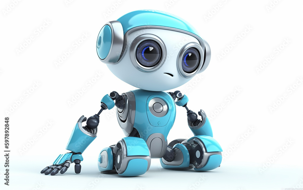 Small blue robot sitting down, ideal for futuristic themes and introducing technology to kids. Small blue robot sitting down, ideal for futuristic themes and introducing technology to kids.