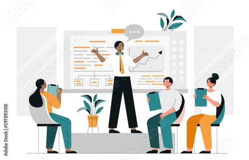 People at seminar. Man on background of presentation tells information to audience. Public speaking and speaker, teacher and students. Statistics, graphs and charts. Cartoon flat vector illustration
