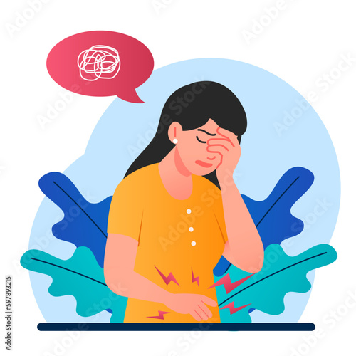 Stomach ache concept. Woman covers her face with her hand and holds her stomach. Food poisoning and problems, disease. Diarrhea or constipation. Cartoon flat vector illustration