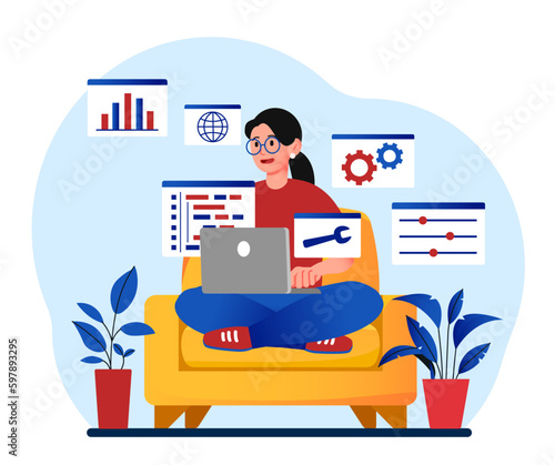 System administrator concept. Woman in lotus position sits on chair with laptop and writes code, corrects errors in programs and apps, software. Technical support. Cartoon flat vector illustration