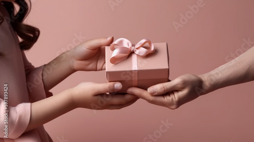 Hands Exchanging and Giving a Beautifully Wrapped Gift With Bow in Celebration of Mothers Day or a Feminine Birthday - Generative AI