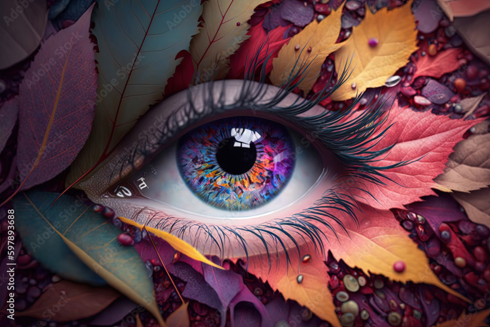 Generative AI. Eye of a woman surrounded by colorful leaves