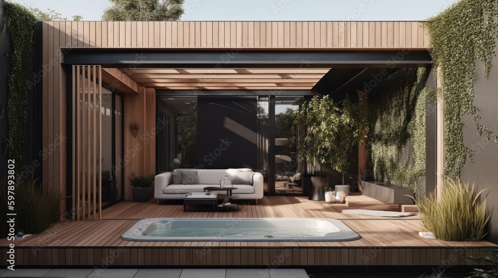 A chic outdoor lounge with a minimalist hot tub. AI generated