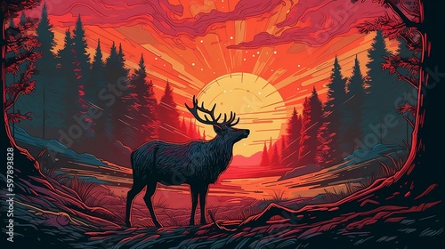 minimalist vintage travel poster featuring an elk on the ground in front of a sunset