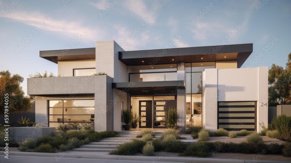 A contemporary design featuring clean white stucco and metal accents. AI generated A contemporary design featuring clean white stucco and metal accents. AI generated