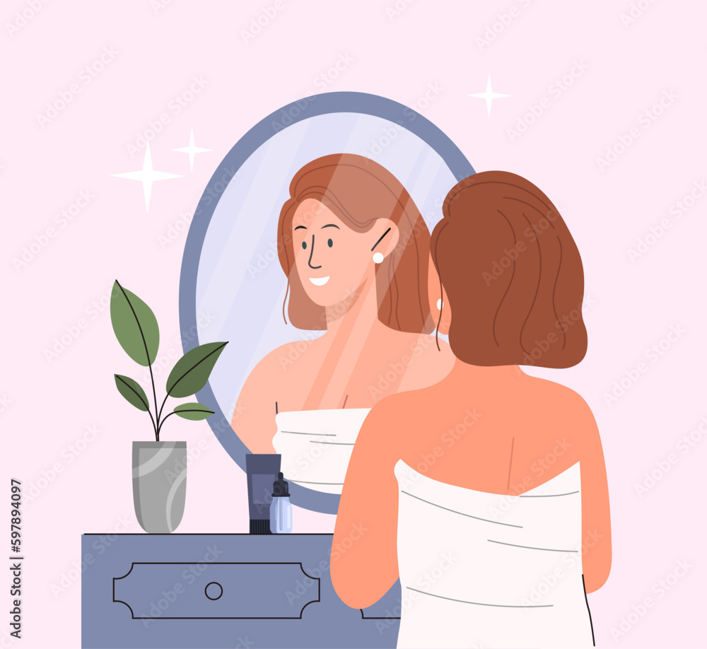 Facial care concept. Woman stands with cosmetics near mirror. Beauty and aesthetics. Hygiene, cleanliness and routine, spa procedures. Skincare with cream and spray. Cartoon flat vector illustration Facial care concept. Woman stands with cosmetics near mirror. Beauty and aesthetics. Hygiene, cleanliness and routine, spa procedures. Skincare with cream and spray. Cartoon flat vector illustration