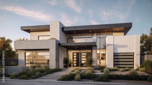 A contemporary design featuring clean white stucco and metal accents. AI generated © ArtStage