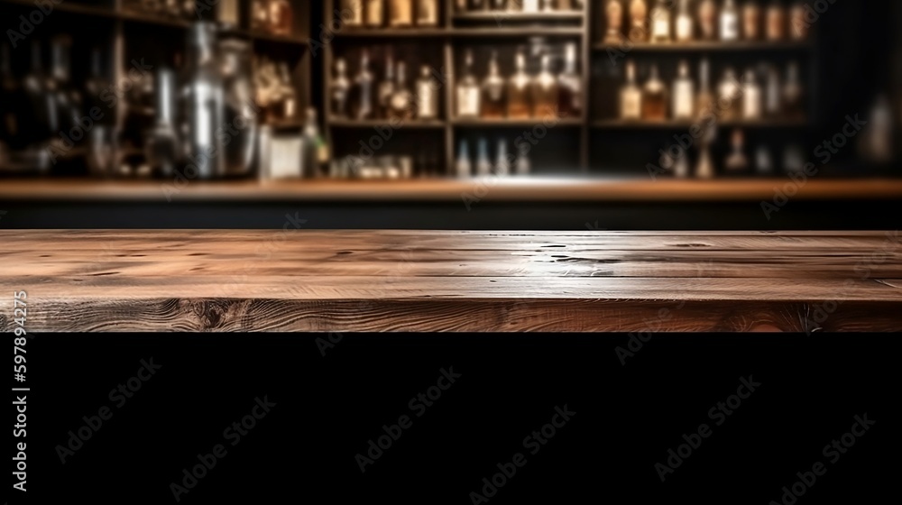 Empty wooden table top with lights bokeh on blur bar background, AI
