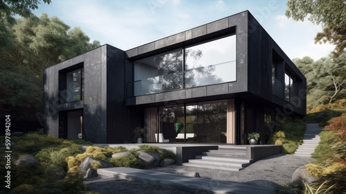 A contemporary design with a dramatic black facade. AI generated