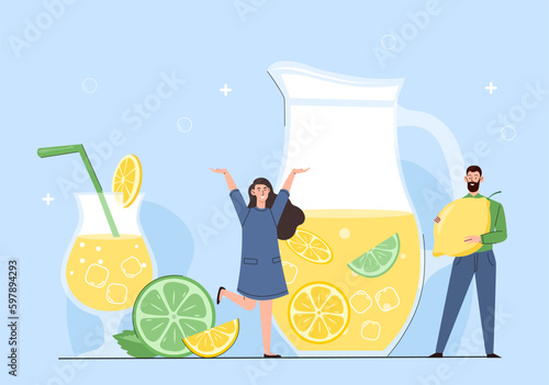 Fresh lemonade concept. Man and woman in front of jug with cold drink and liquid with ice. Soda or juice. Summer season and hot weather symbol. Cartoon flat vector illustration