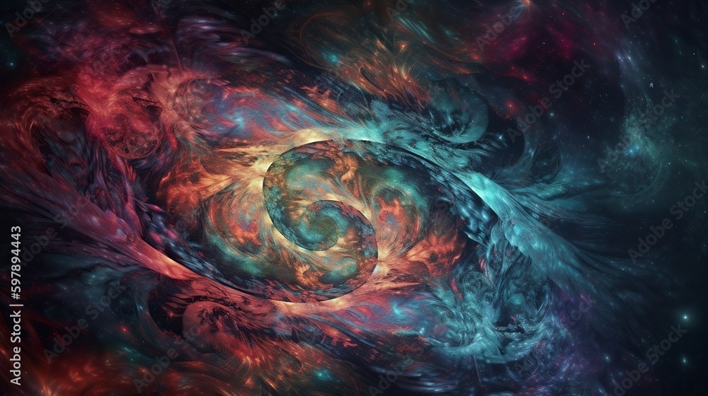 A digital illustration of an abstract cosmic background, with swirling colors and patterns resembling galaxies and nebulas, evoking a sense of wonder and mystery - Generative Ai