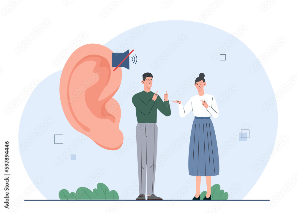 Sign language concept. Man and woman communicate near crossed out ear. Interactions of people with disabilities and deafs. People talking with hand gestures. Cartoon flat vector illustration Sign language concept. Man and woman communicate near crossed out ear. Interactions of people with disabilities and deafs. People talking with hand gestures. Cartoon flat vector illustration