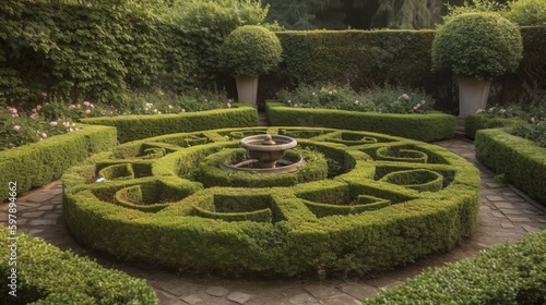 A knot garden made of boxwood with a small round-shaped rose bush as a centerpiece. AI generated