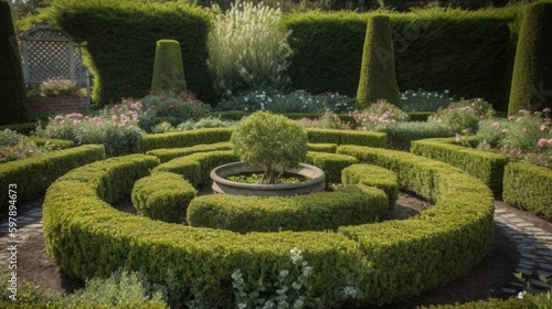 A knot garden made of boxwood with a small round-shaped rose bush as a centerpiece. AI generated