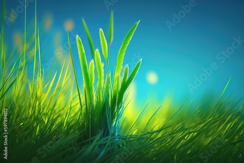 Spring nature background with grass and blue sky