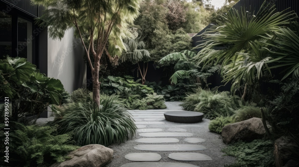 A minimalist garden with a mix of lush greenery and sculptural accents. AI generated