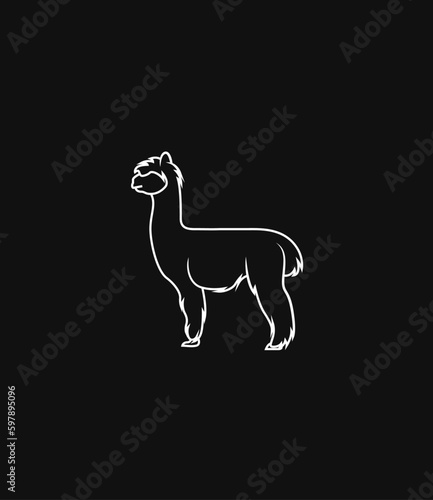 Alpaca Silhouette on Black Background. Lama line art illustration. Isolated Vector Animal Template for Icon, Logo Company, Symbol etc