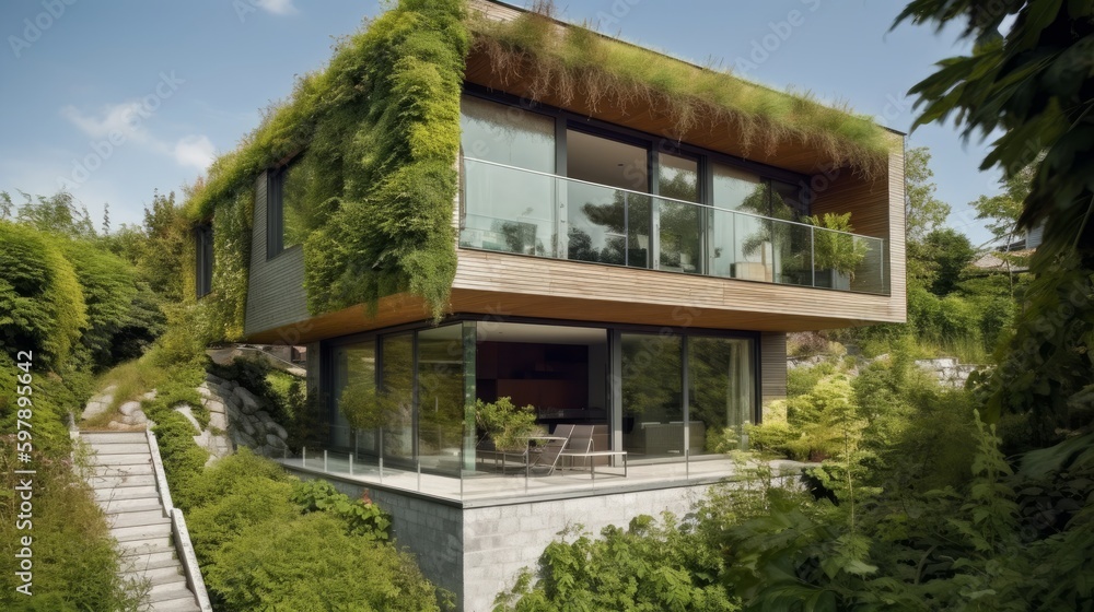 A modern eco-friendly design with a living green facade. AI generated A modern eco-friendly design with a living green facade. AI generated