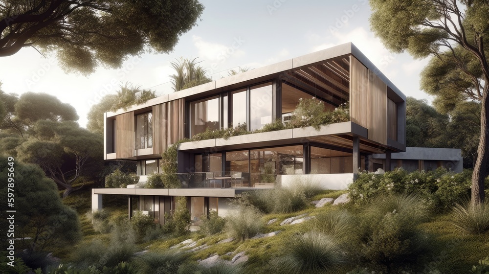 Fototapeta premium A modern eco-friendly design with a living green facade. AI generated