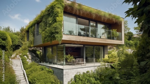A modern eco-friendly design with a living green facade. AI generated © ArtStage