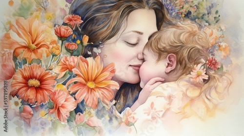 A watercolor painting of a mother and child surrounded by flowers, conveying the warmth and tenderness of maternal love - Generative Ai